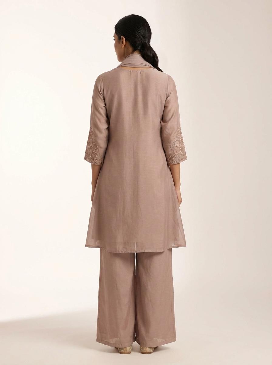 Taupe Embroidered Mul Cotton Kurta Palazzo Set with Dupatta for Women