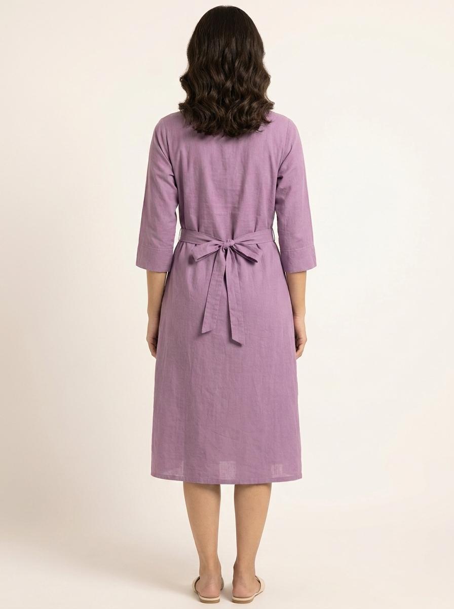 Lavender Floral Embroidered A-Line Midi Dress with Tie-Up Belt
