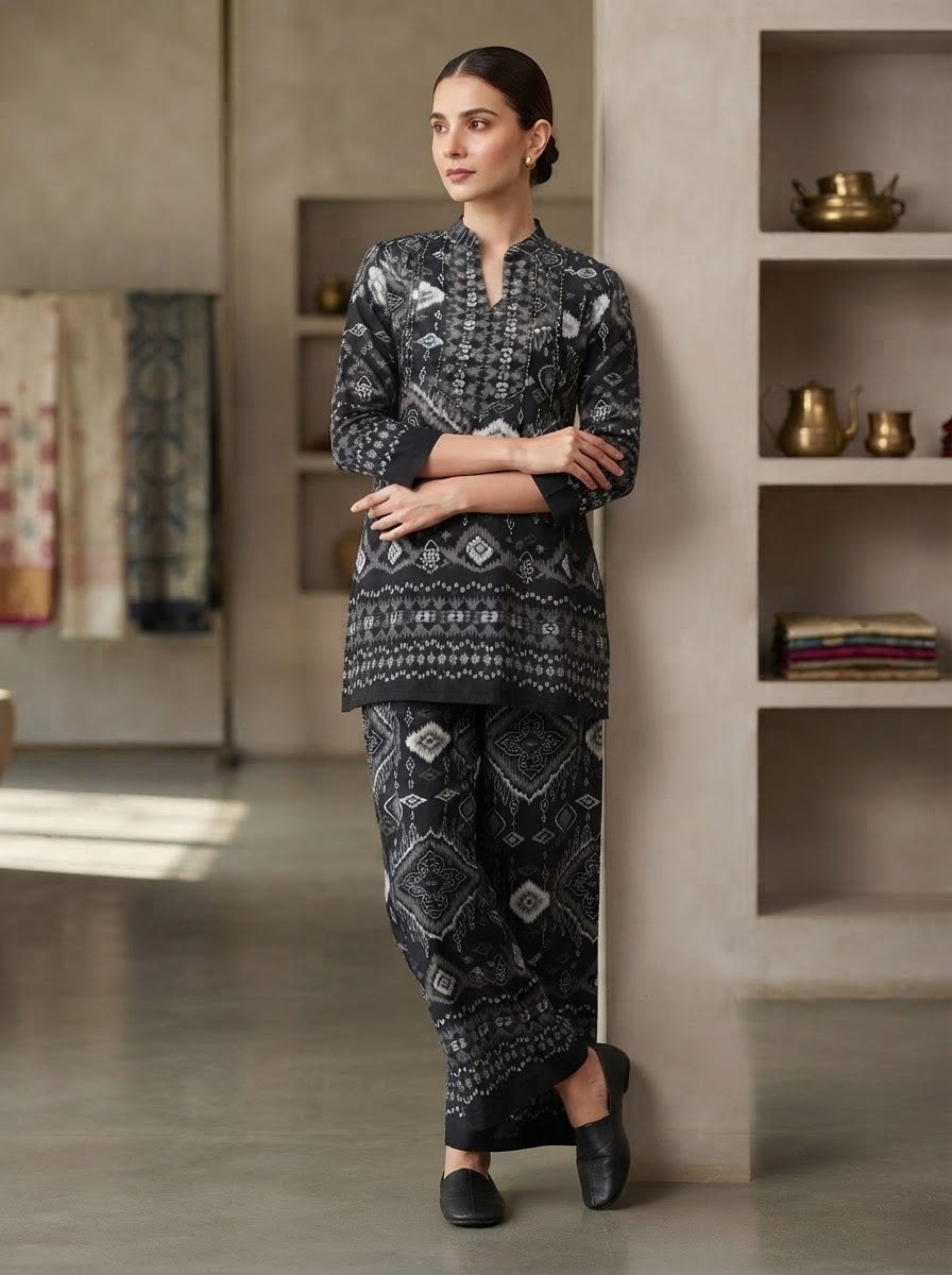 Black Geometric Printed Gajji Silk Co-Ord Set for Women