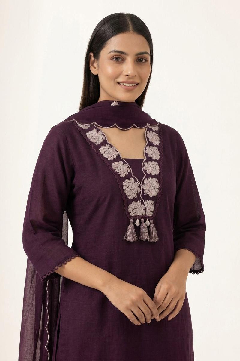 Maroon 3 Piece set with Embroidered v-neck Collar