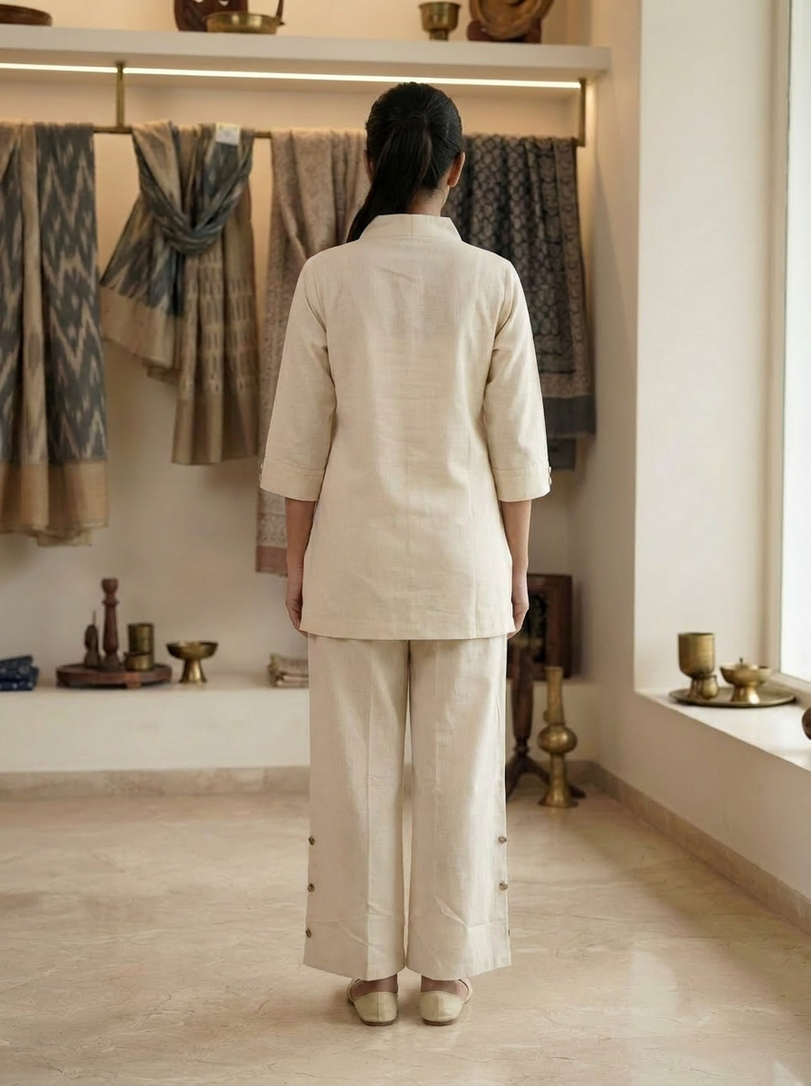 Off White Embroidered Cotton Linen Co-Ord Set for Women