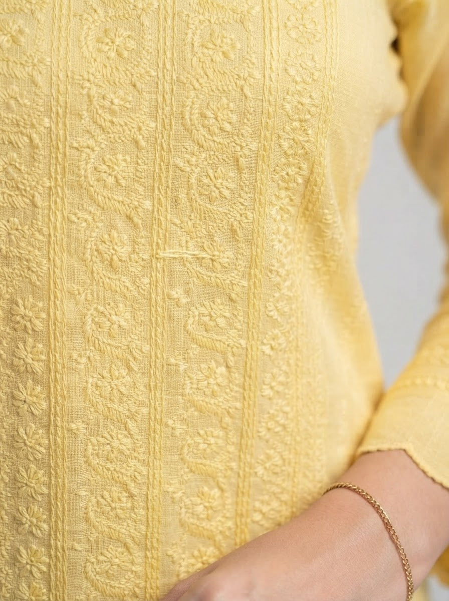 Yellow Pure georgette Chikankari Kurti with Round neck