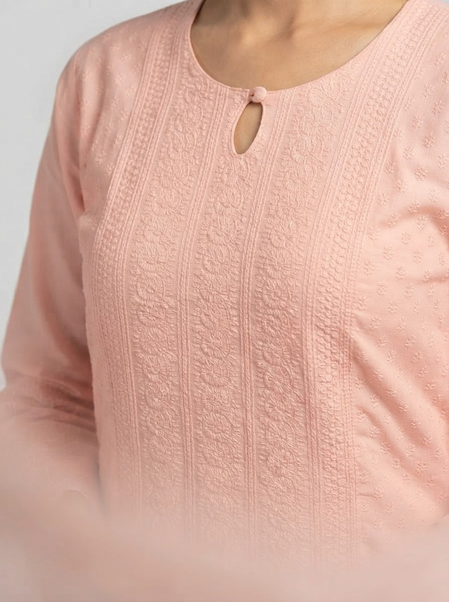 Peach Pure georgette Chikankari Kurti with Round neck