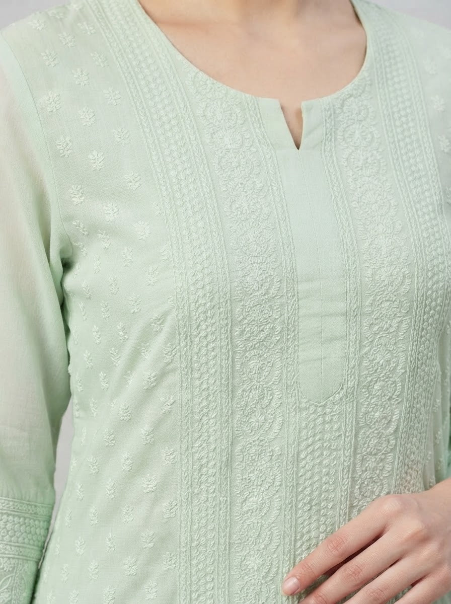 Pista Green Pure georgette Chikankari Kurti with Round neck