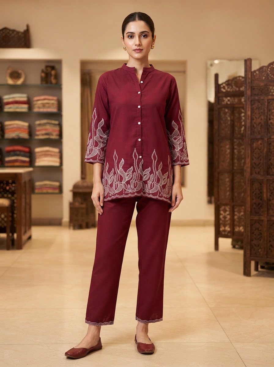 Wine Embroidered Mandarin Collar Co-Ord Set with Straight Pants for Women