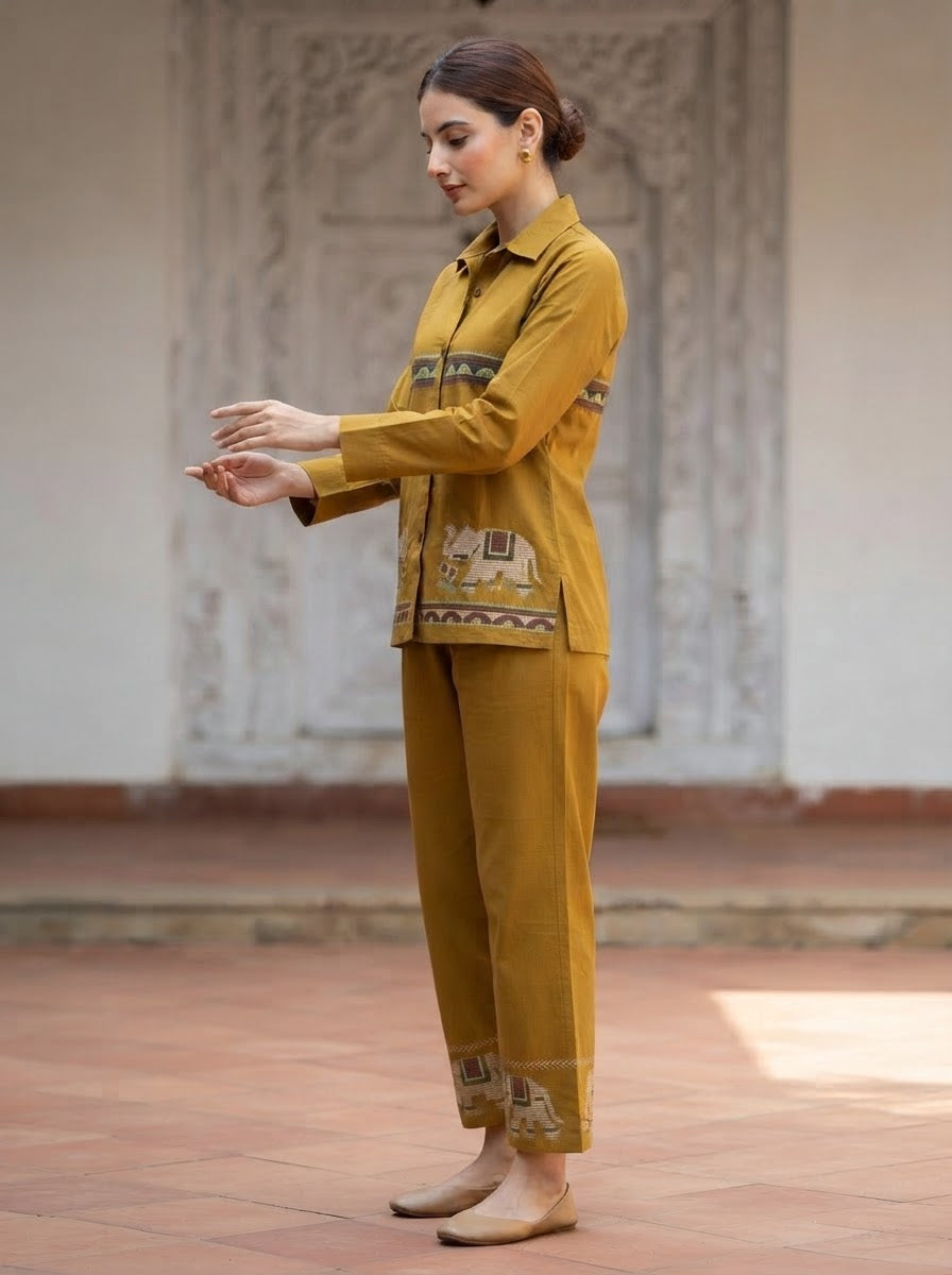 Mustard Kashmiri Embroidered Shirt Collar Co-Ord Set for Women