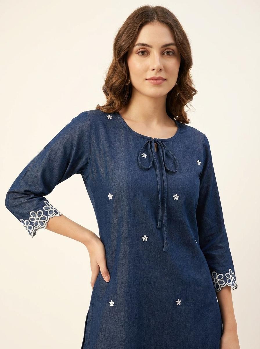 Blue Denim Short Coord Set with embroidery