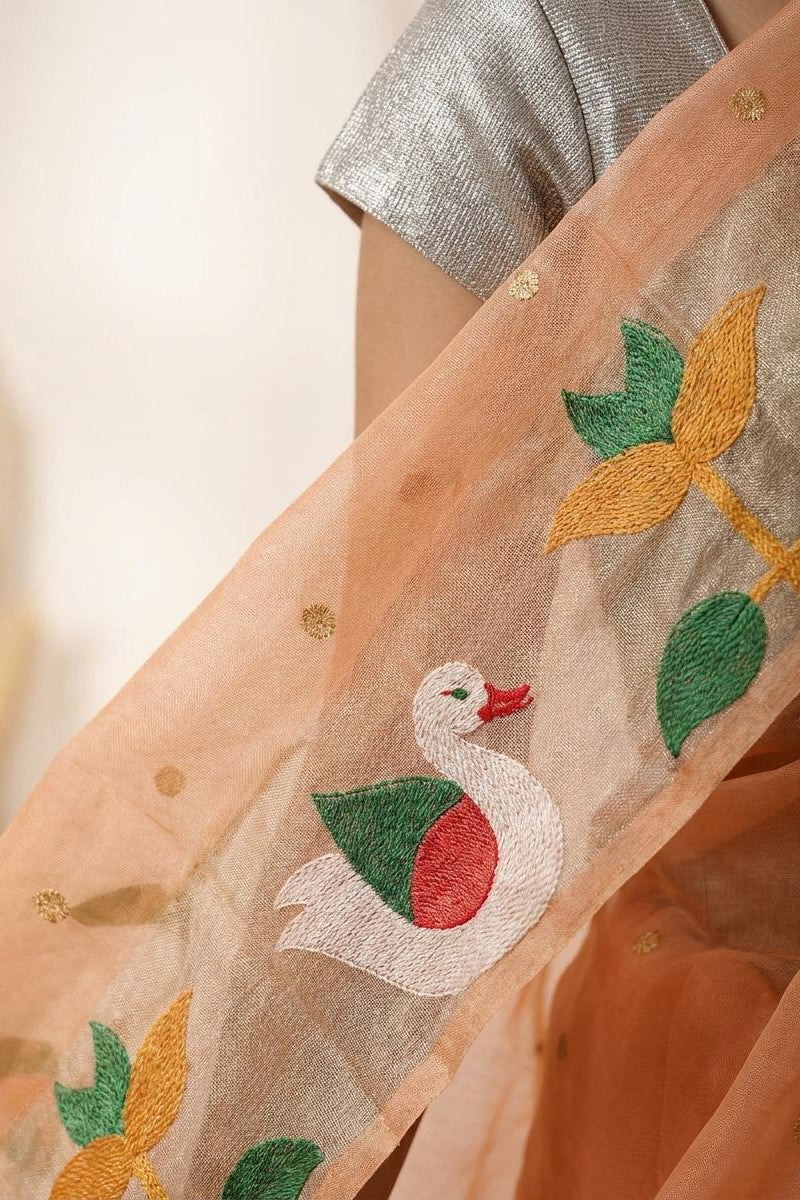 Peach bamboo Silk Saree with Rajhans Border