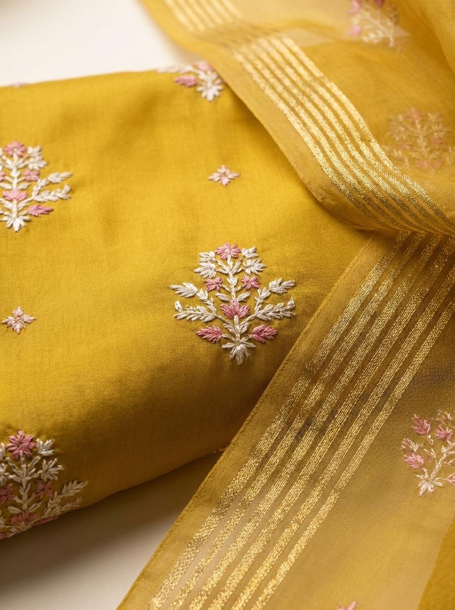 Mustard Yellow Embroidered Kurta Pant Set with Dupatta for Women