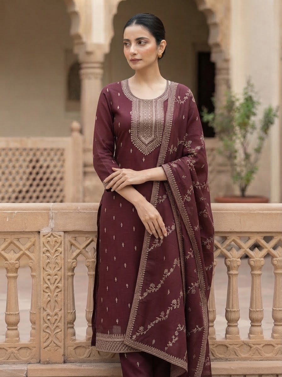 Maroon Embroidered Work Straight Suit Set with Embroidered Dupatta and Straight Pants