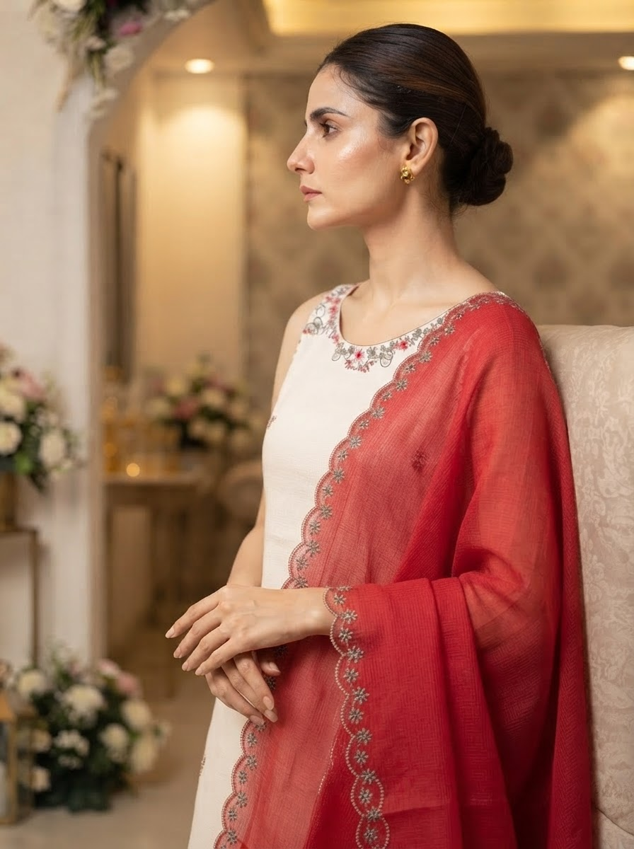 Off White Pure Cotton Embroidered Straight Suit Set with Embroidered Dupatta and Straight Pants