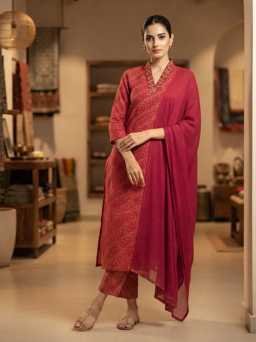 Rani Pink Bandhani Print Pure Muslin Straight Suit Set with Chiffon Dupatta and Straight Pants