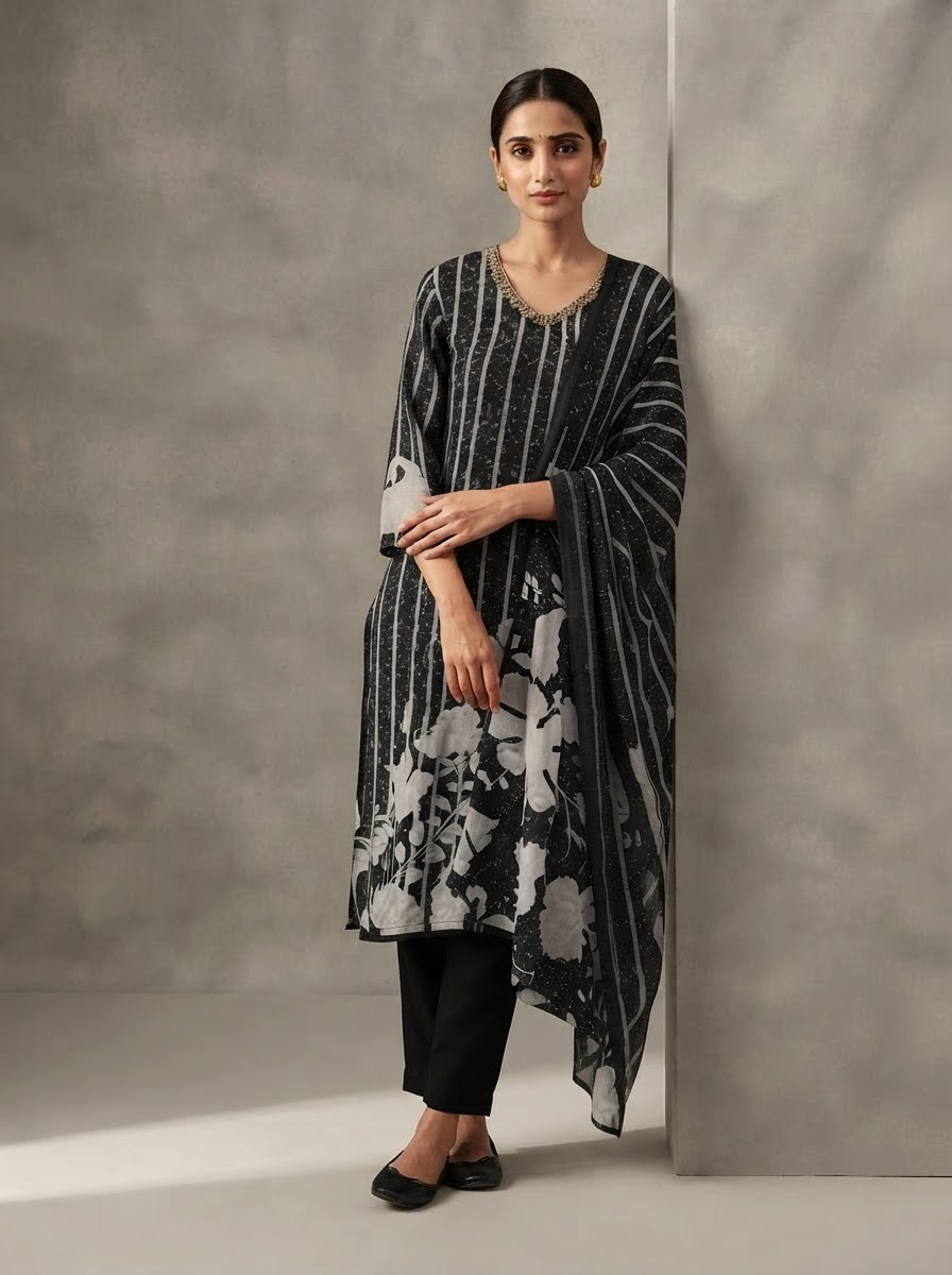 Black Floral Printed Pure Muslin Straight Suit Set with Pure Muslin Dupatta and Straight Pants