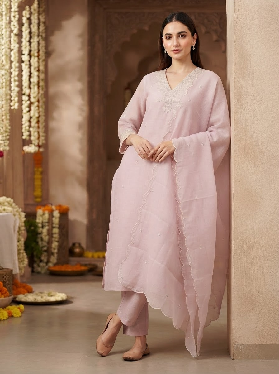 Baby Pink Embroidered Cotton Straight Cut Suit Set with Dupatta & Pants