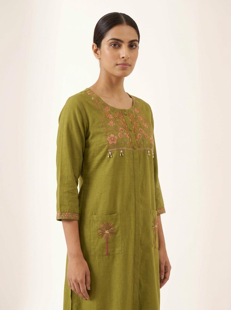 Women's Embroidered Straight Cotton Kurta & Pant Set with Front Open Style