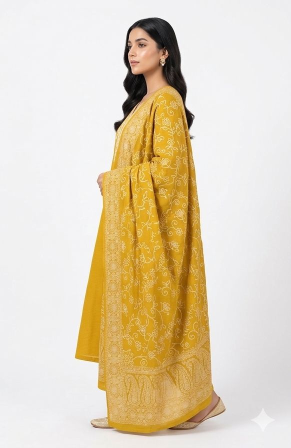 Yellow dress with printed dupatta