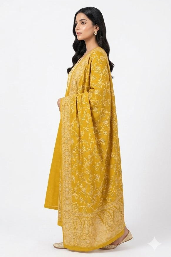Yellow dress with printed dupatta