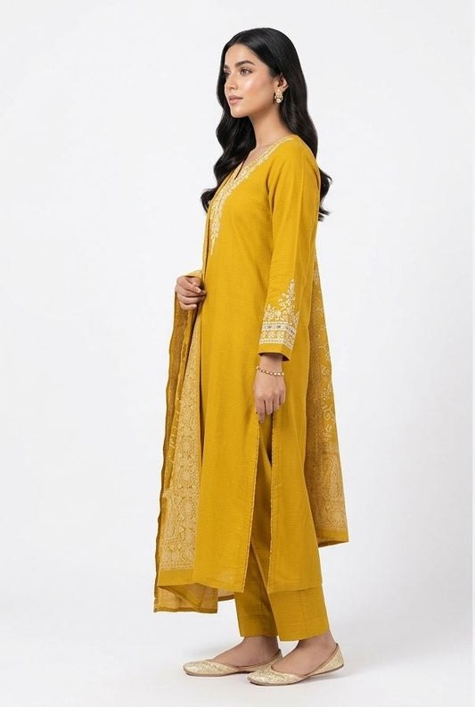 Yellow dress with printed dupatta