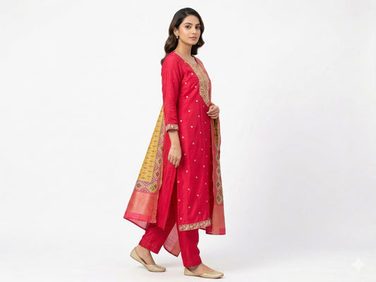 Red dress with contrast dupatta