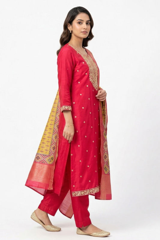 Red dress with contrast dupatta