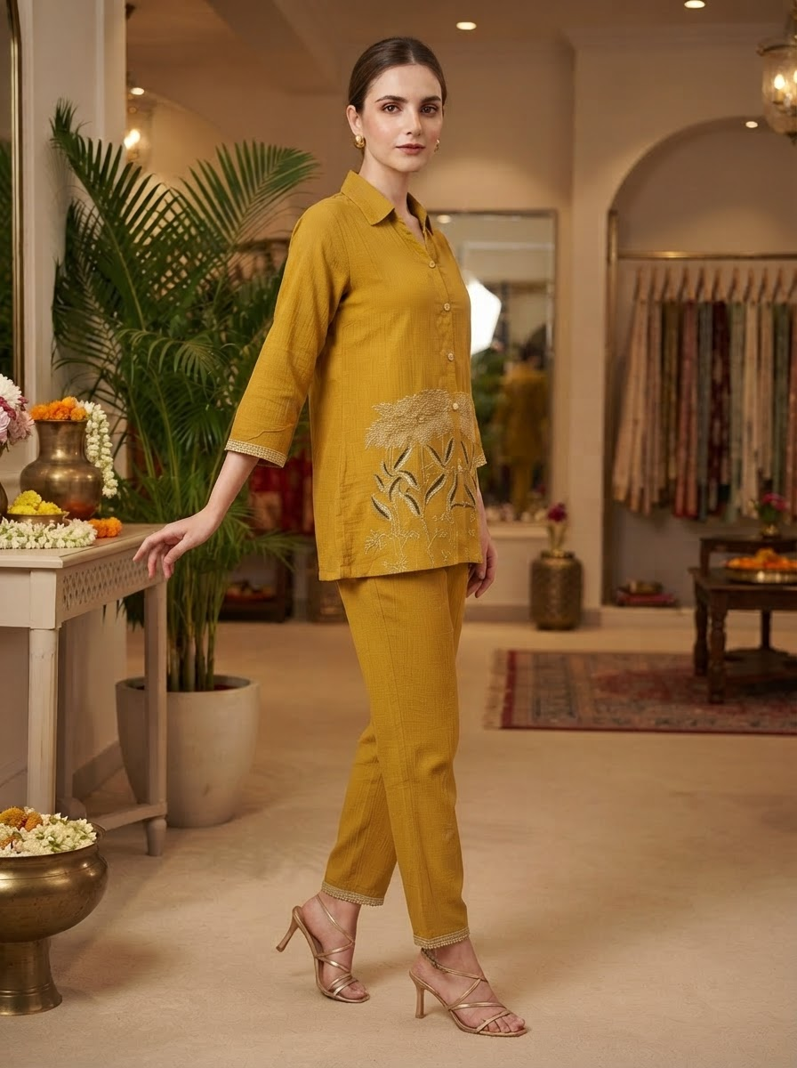 Mustard Embroidered Crush Chiffon Shirt Collar Co-Ord Set for Women