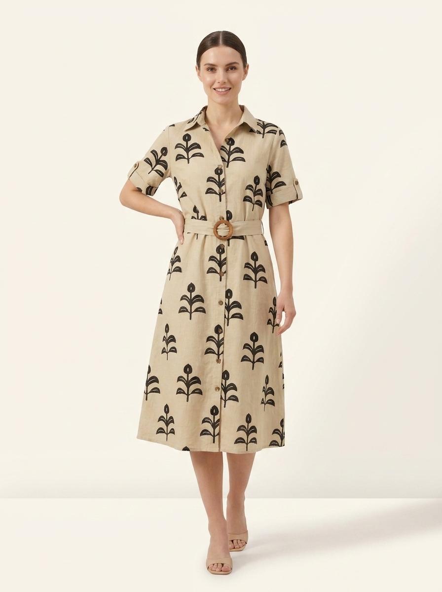 Beige Pure Cotton Short Printed One Piece