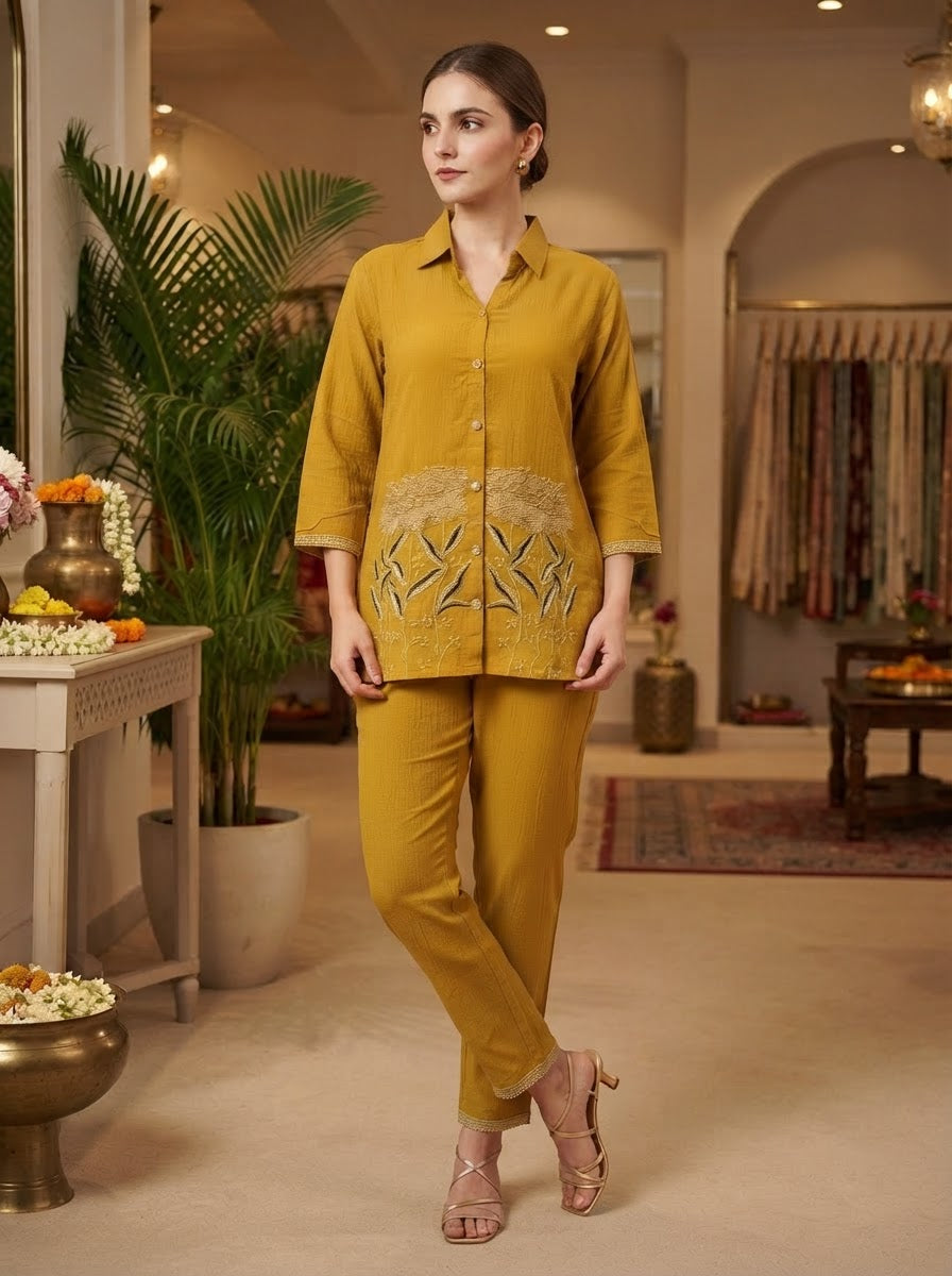 Mustard Embroidered Crush Chiffon Shirt Collar Co-Ord Set for Women