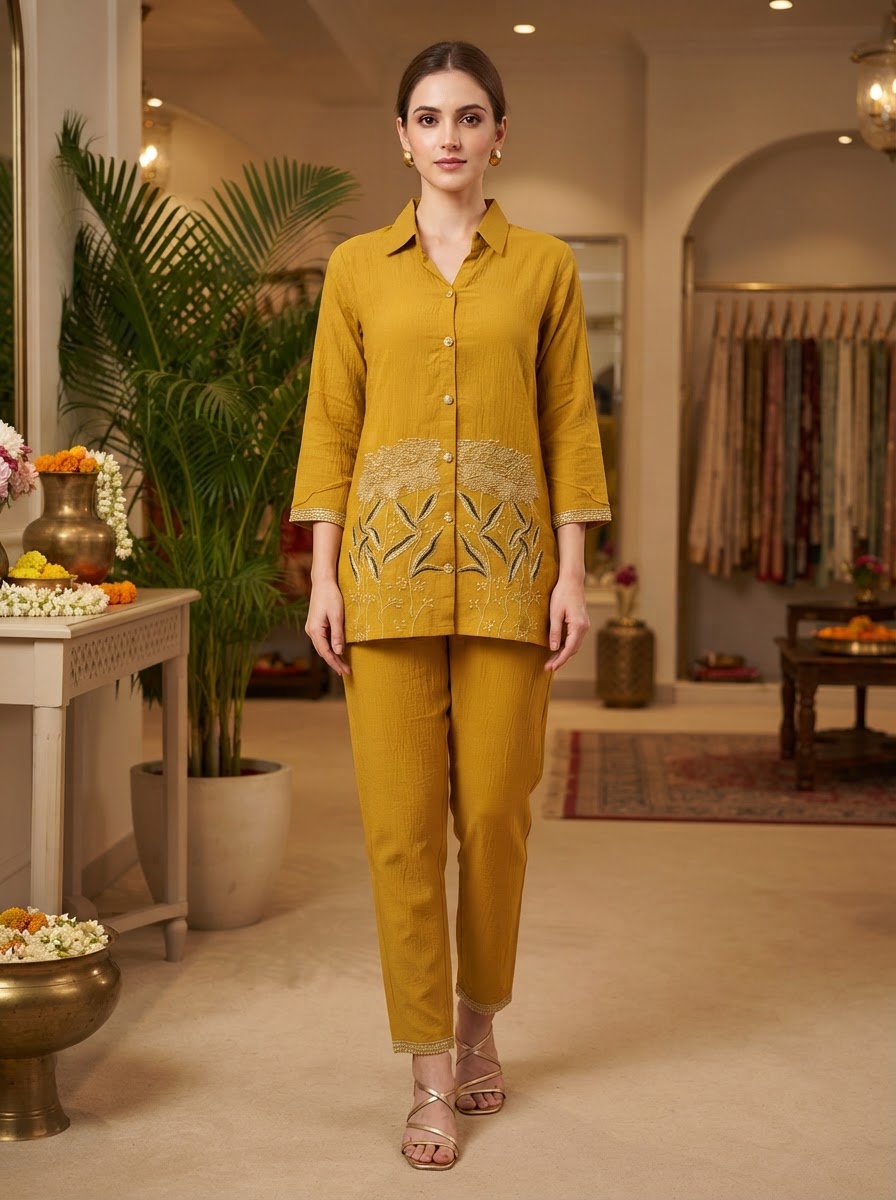 Mustard Embroidered Crush Chiffon Shirt Collar Co-Ord Set for Women