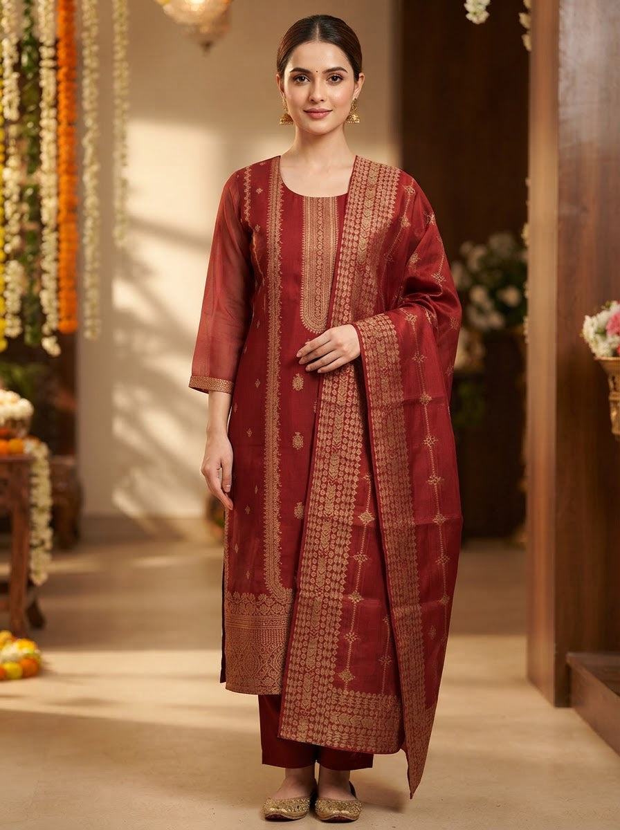 Maroon Chanderi Silk Embroidered Straight Cut Suit Set with Woven Dupatta and Pants