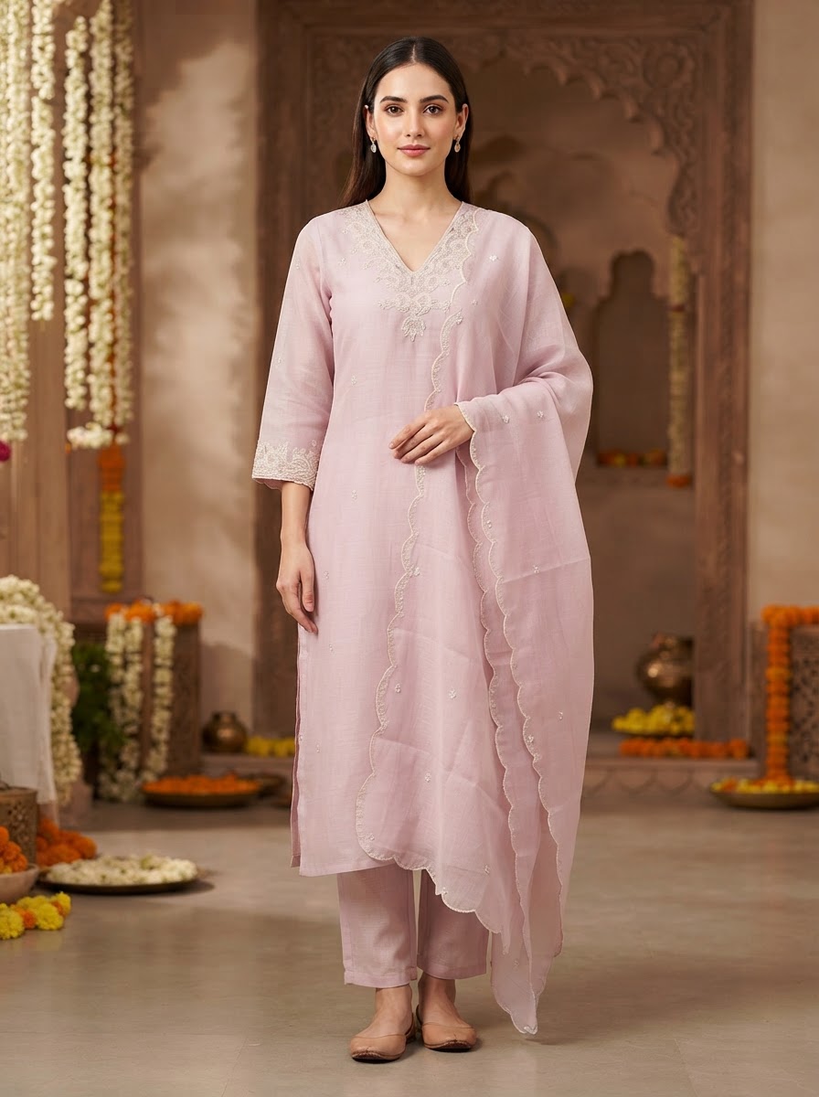 Baby Pink Embroidered Cotton Straight Cut Suit Set with Dupatta & Pants