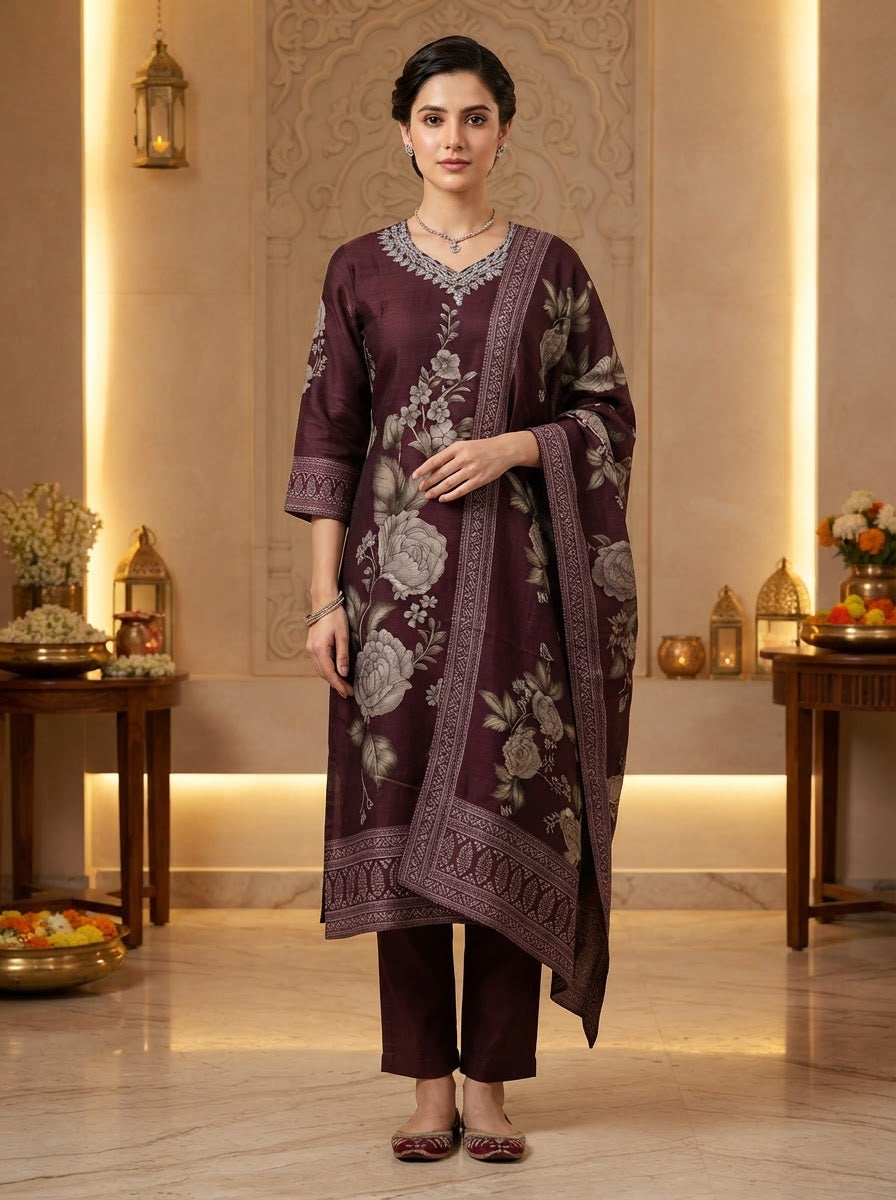 Wine Floral Printed Pure Muslin Suit Set with Dupatta for Women