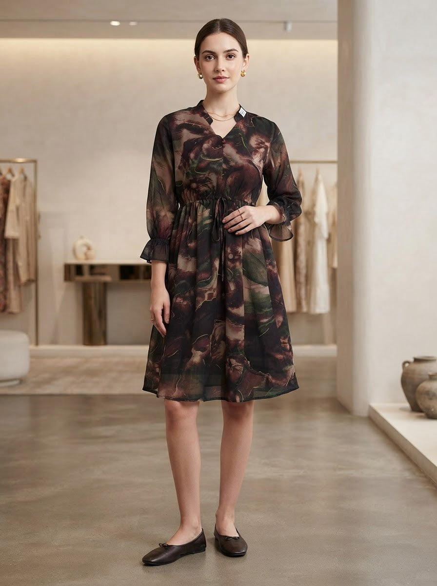 Brown Floral Printed Chiffon Fit & Flare Dress for Women