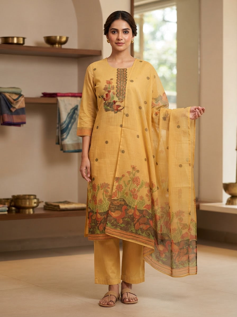 Mustard Self Weave Pure Mal Cotton Printed Suit Set with Dupatta for Women