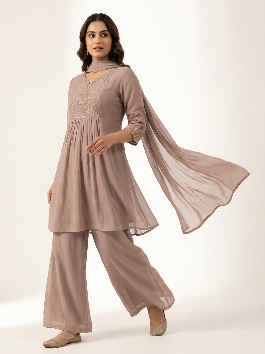Taupe Embroidered Mul Cotton Kurta Palazzo Set with Dupatta for Women