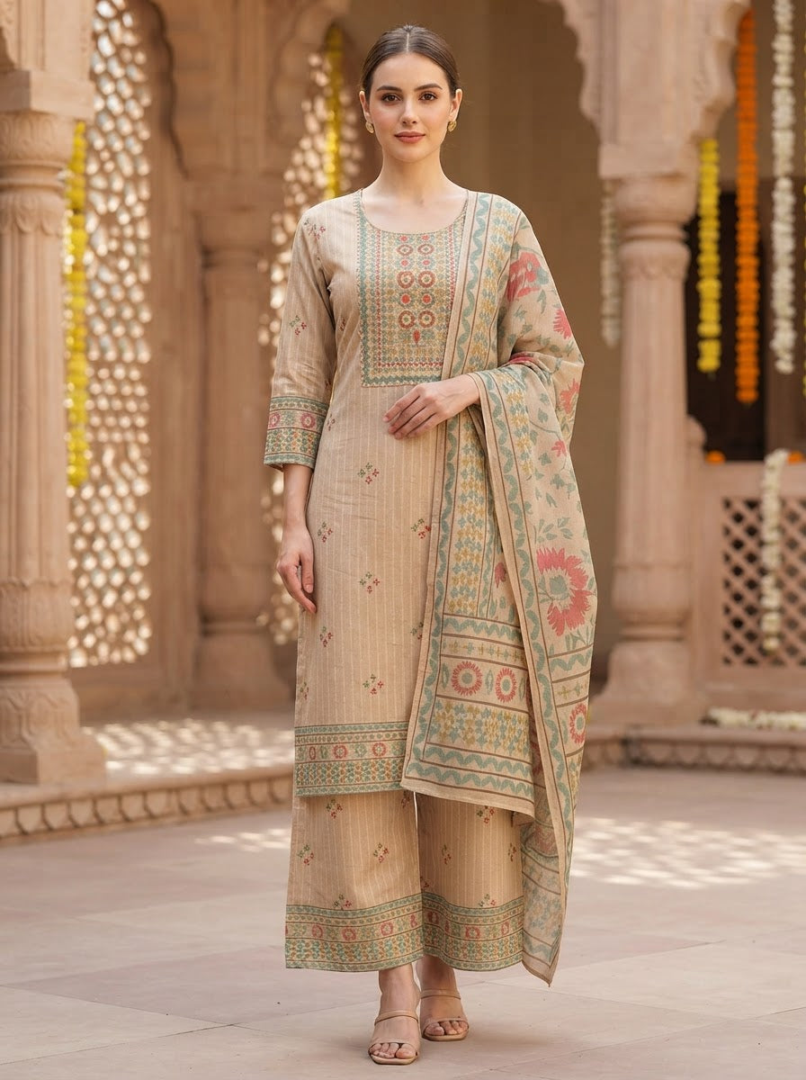 Beige Linen Straight Kurta with Printed Palazzo & Dupatta Set for women