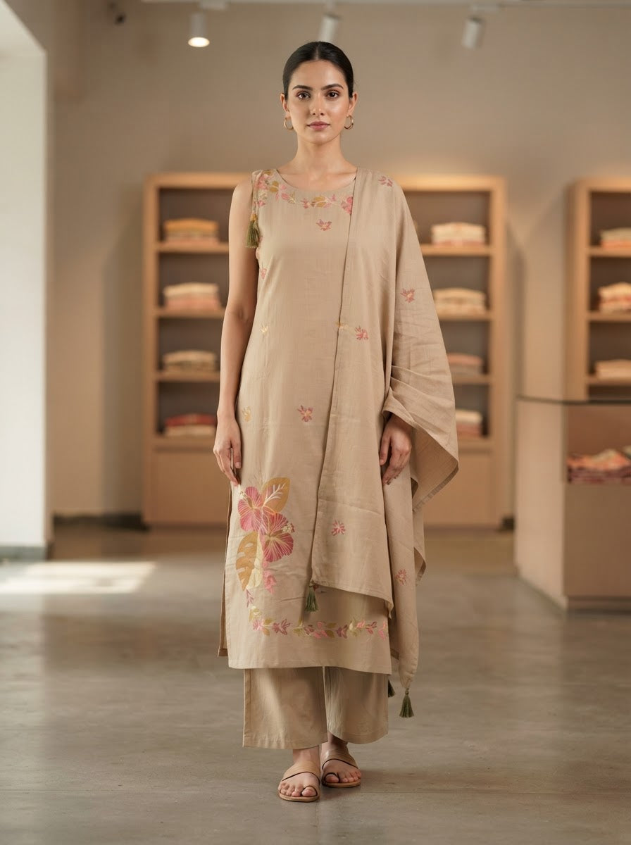 Women's Beige Embroidered Cotton Kurta Palazzo Set with Attached Sleeves & Dupatta