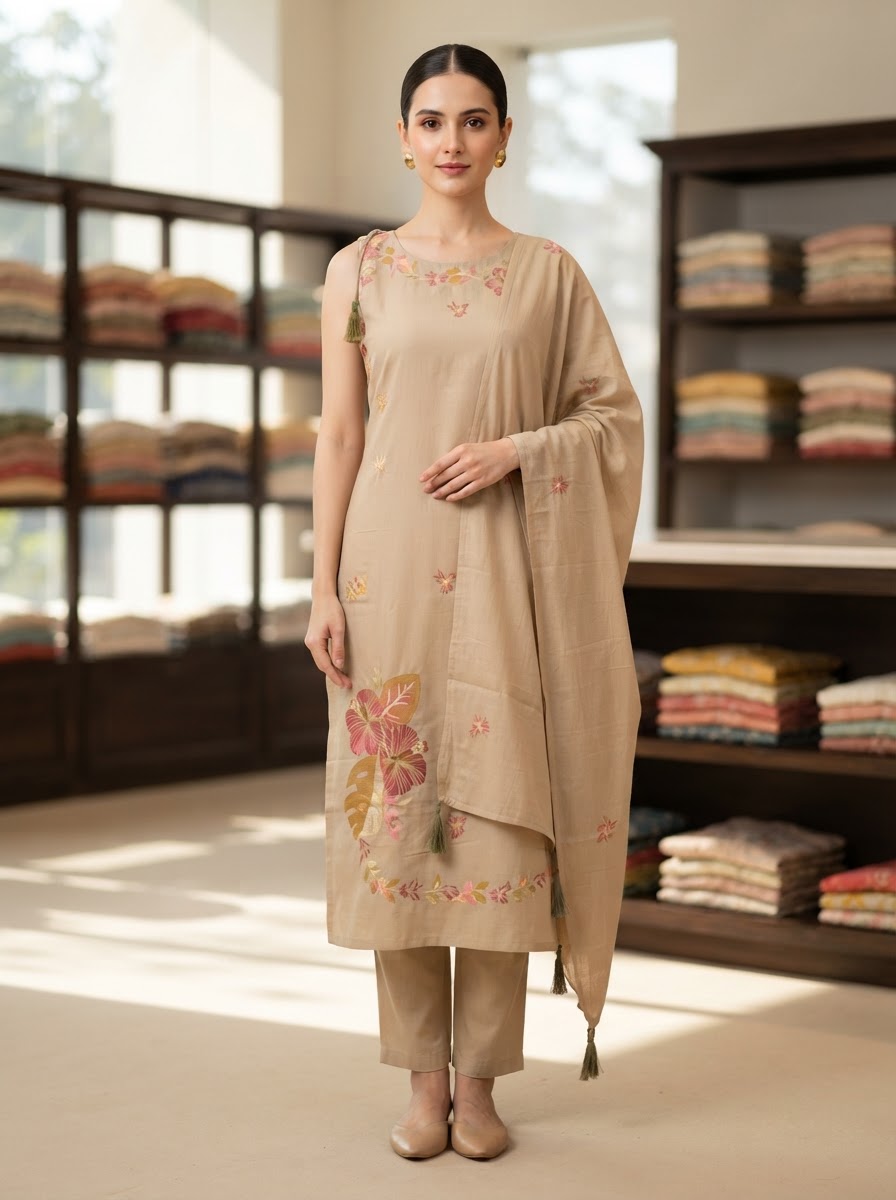 Women's Beige Embroidered Cotton Kurta Palazzo Set with Attached Sleeves & Dupatta