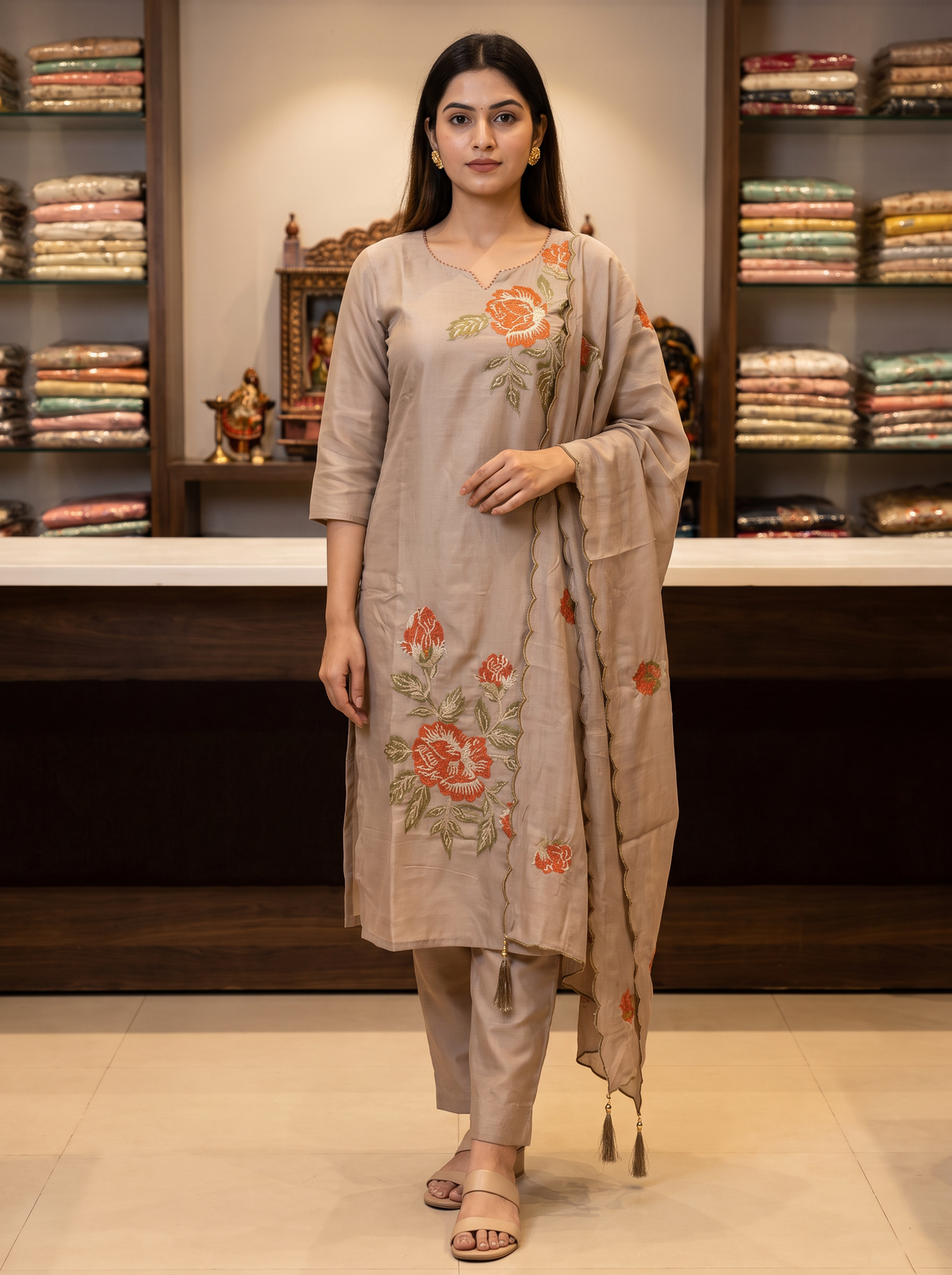 Women's Taupe Embroidered Kurta Pant Set with Kath Work Neck & Cutwork Dupatta