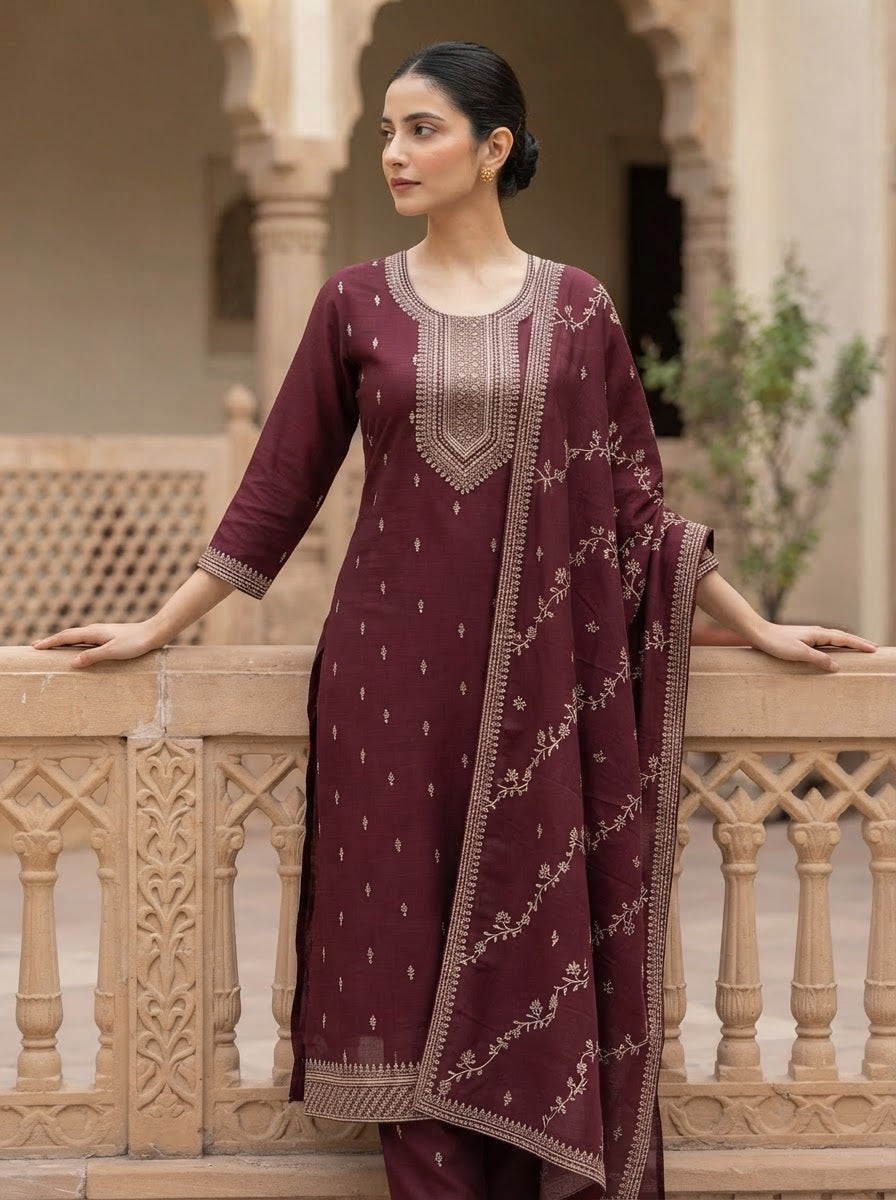 Maroon Embroidered Work Straight Suit Set with Embroidered Dupatta and Straight Pants