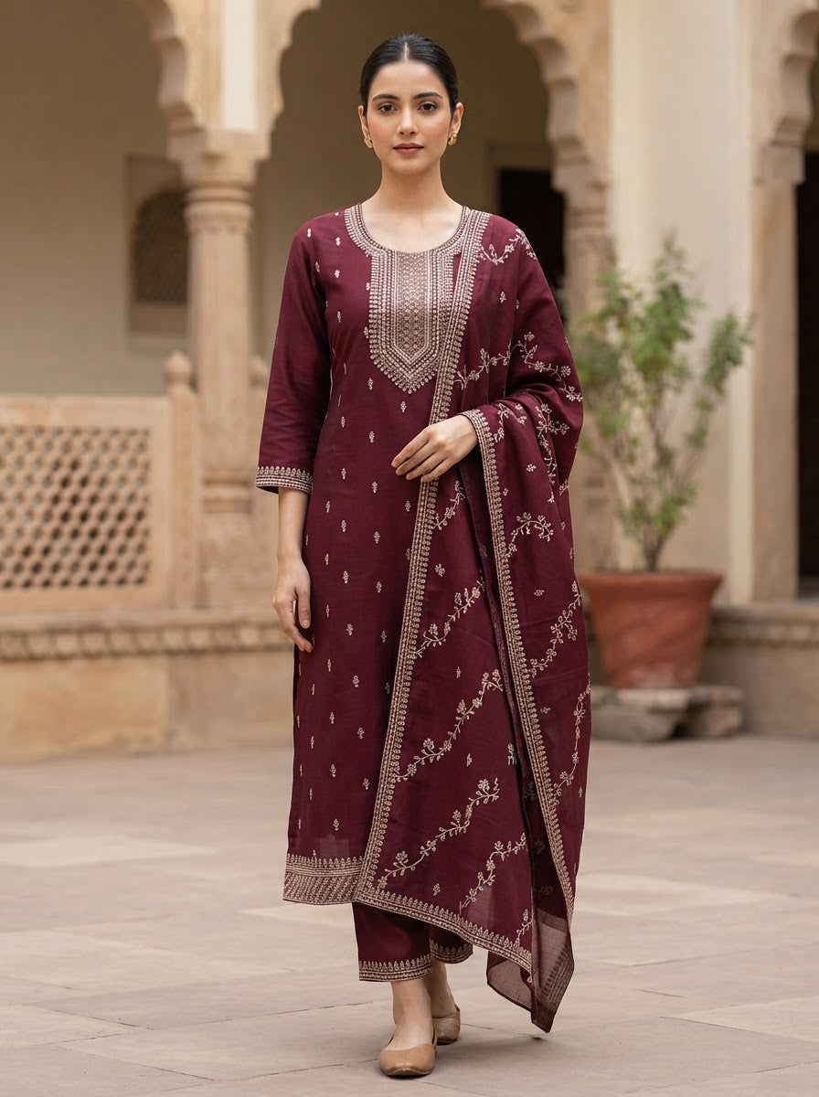 Maroon Embroidered Work Straight Suit Set with Embroidered Dupatta and Straight Pants
