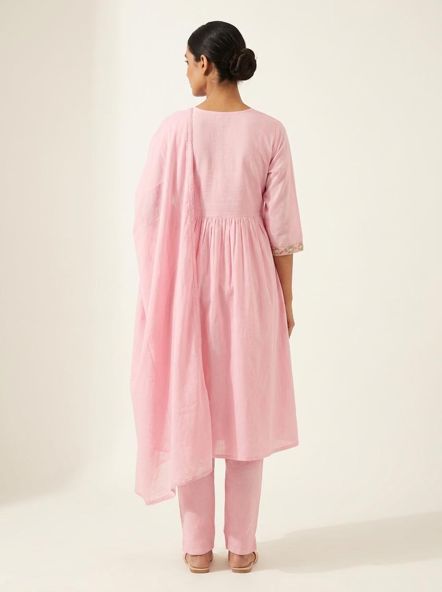 Baby Pink Embroidered Mul Cotton Kurta Pant Set with Dupatta for Women