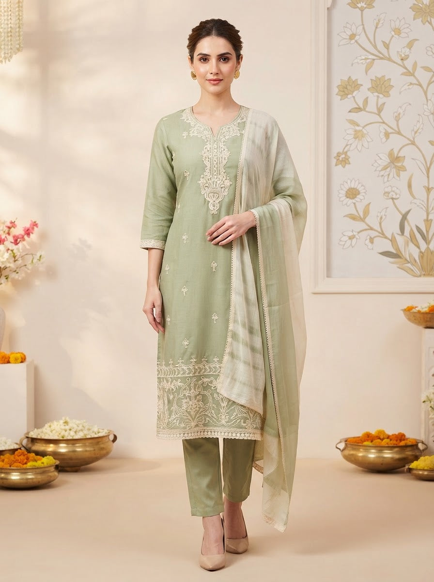 Women's Sage Green Embroidered Work Kurta Pant Set with Synthetic Dupatta