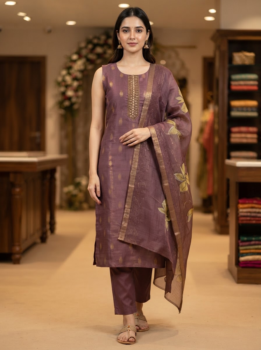 Women's Traditional Jari Work Straight Suit Set with Banarasi Dupatta & Attached Sleeves