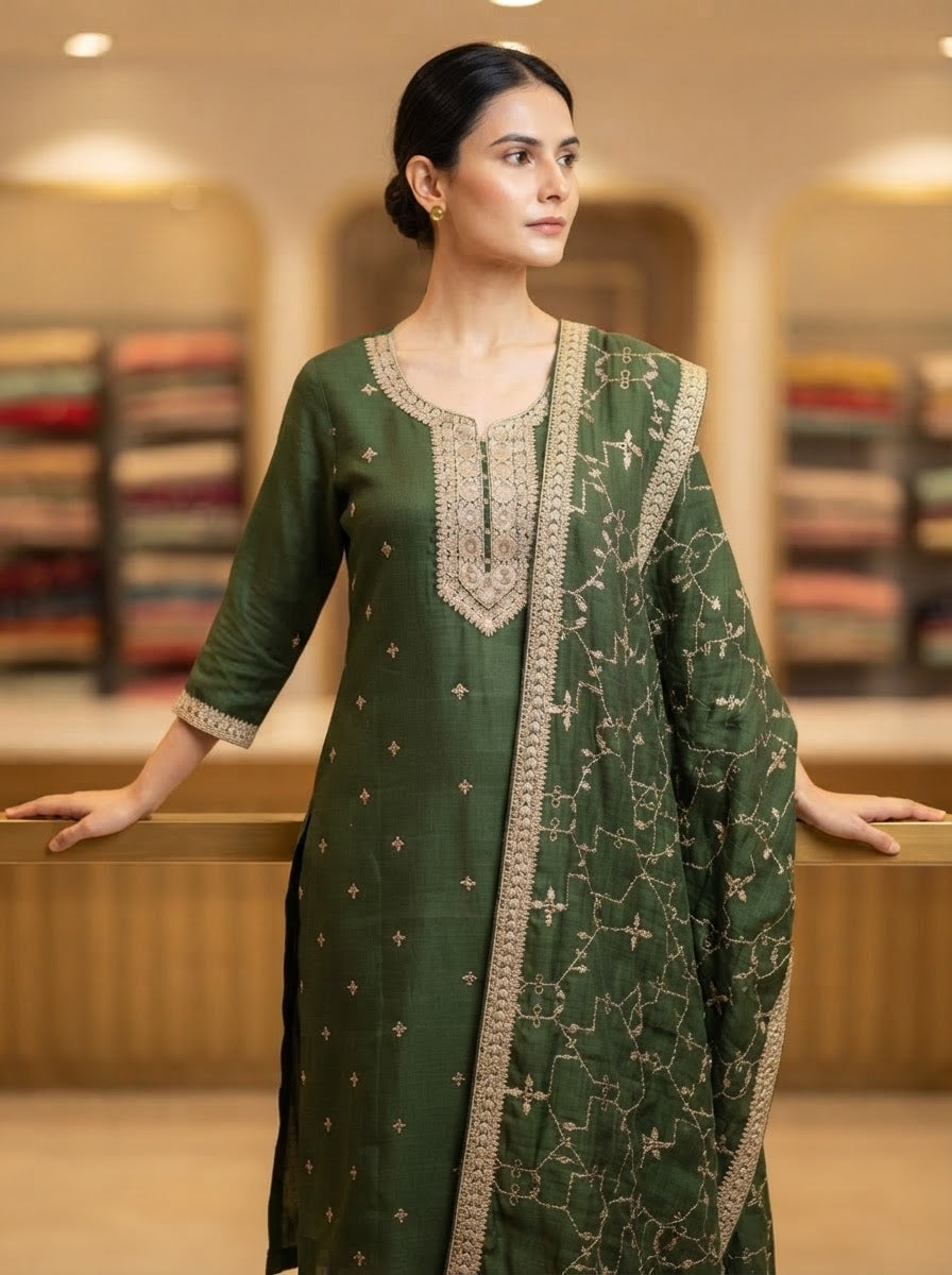 Bottle Green Embroidered Work Straight Suit Set with Embroidered Dupatta and Straight Pants