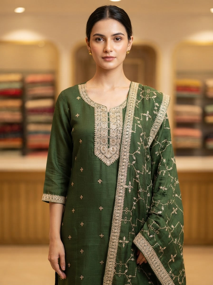 Bottle Green Embroidered Work Straight Suit Set with Embroidered Dupatta and Straight Pants