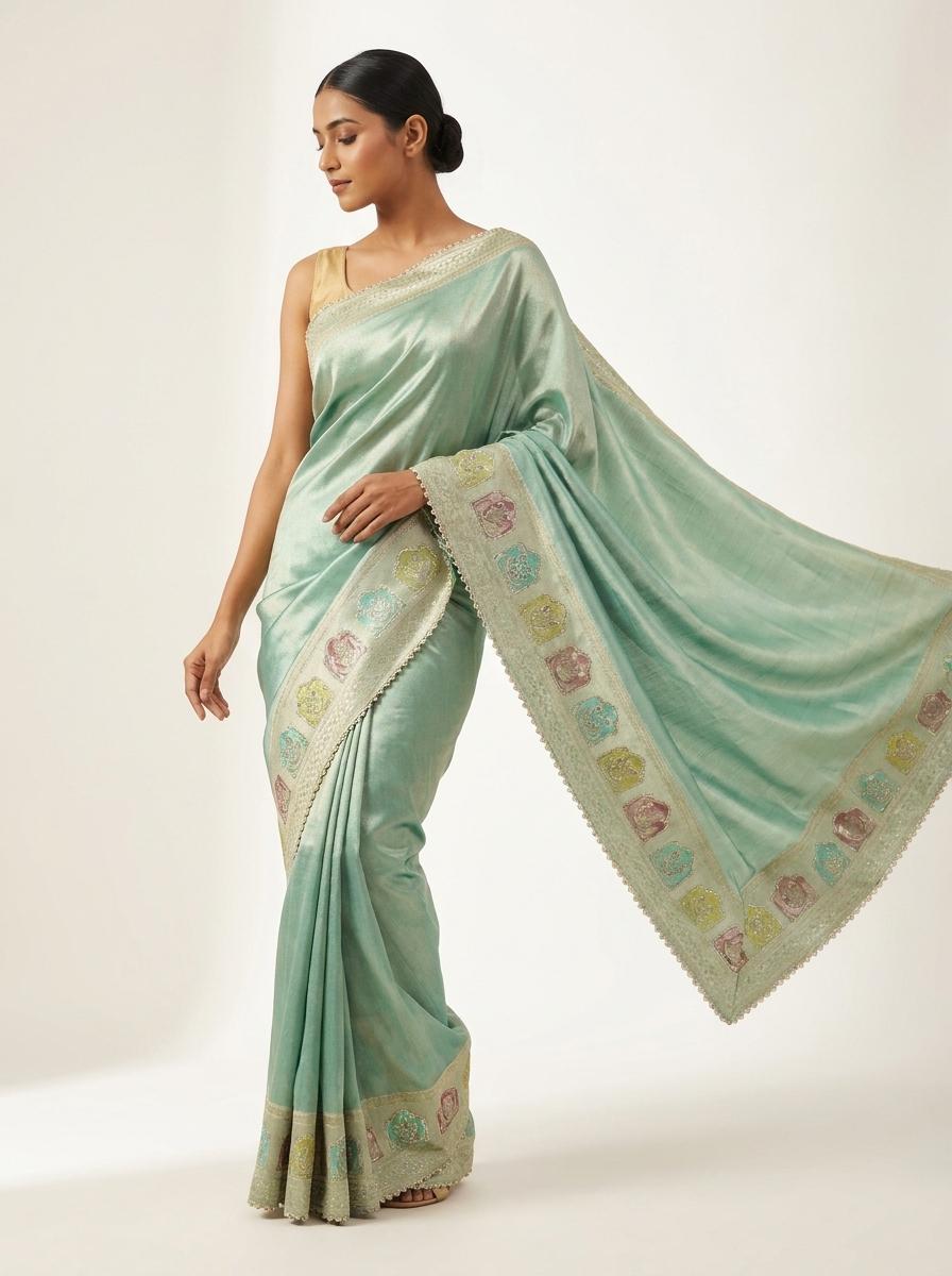 Pista Tissue Banarasi Silk Saree with Swarovski work and unstitched blouse