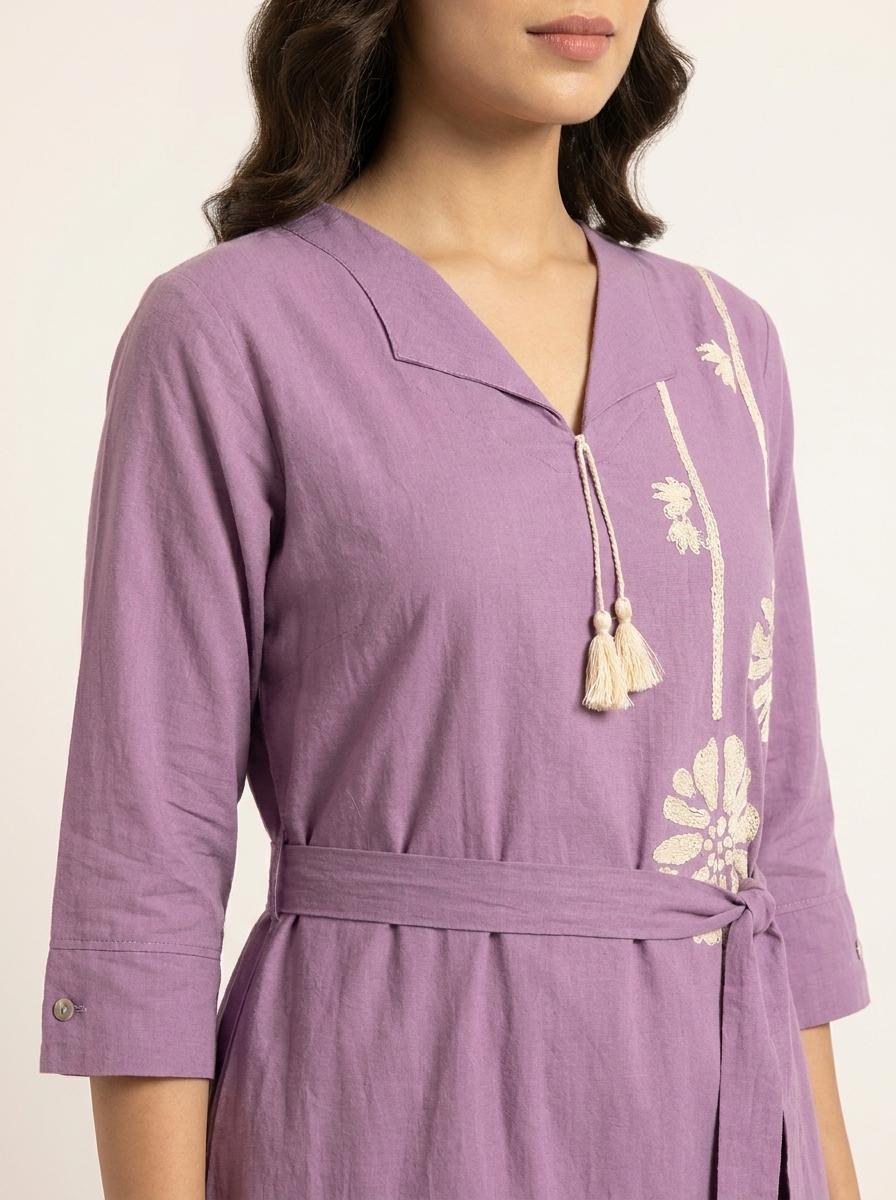 Lavender Floral Embroidered A-Line Midi Dress with Tie-Up Belt