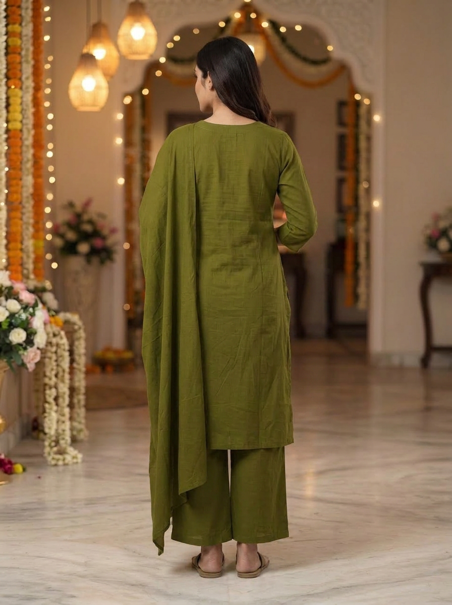 Olive Green Embroidered Mul Cotton A-Line Kurta Pant Set with Dupatta for Women