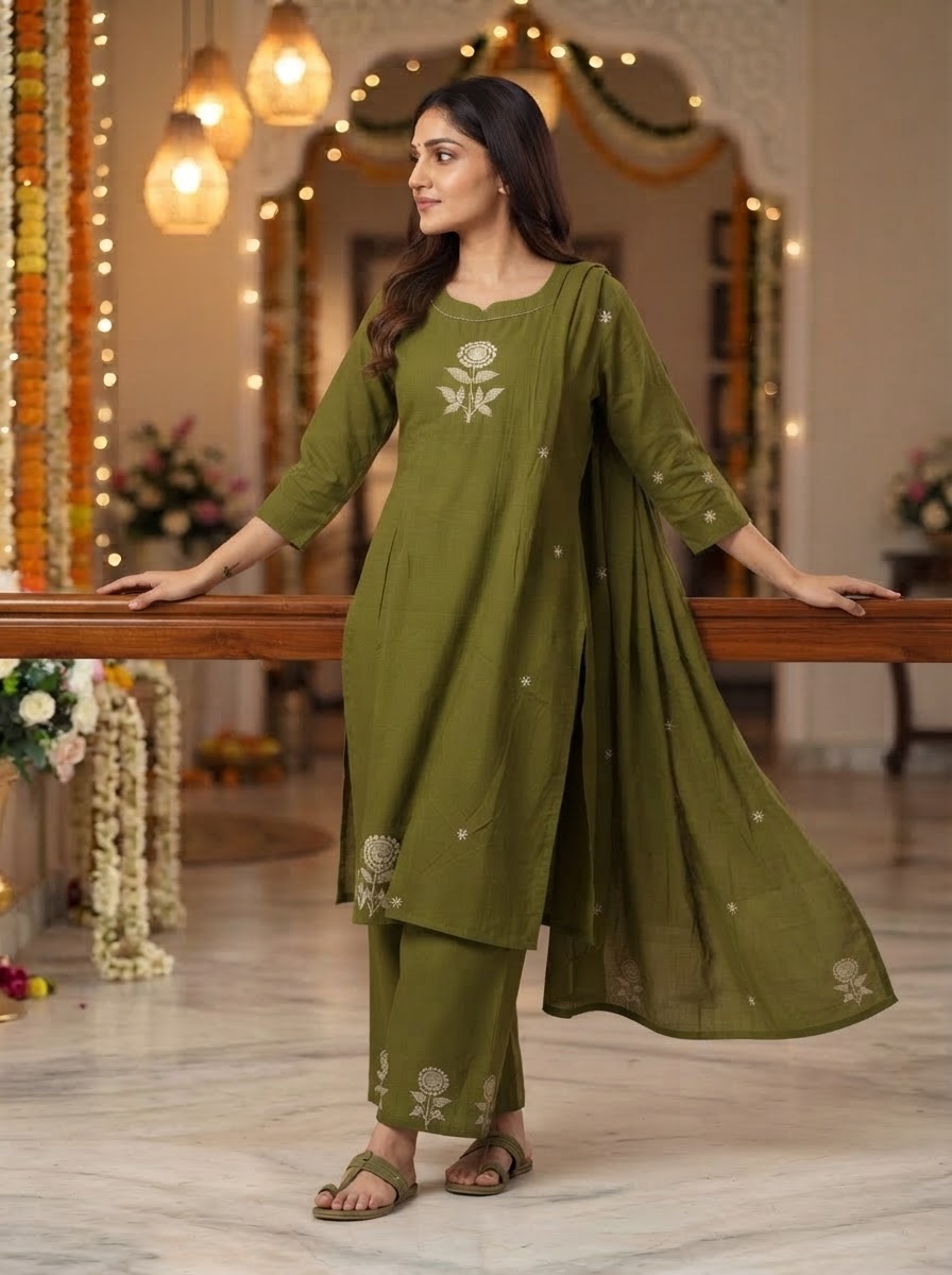 Olive Green Embroidered Mul Cotton A-Line Kurta Pant Set with Dupatta for Women