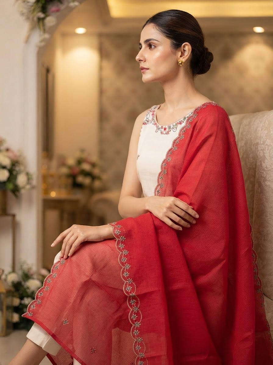 Off White Pure Cotton Embroidered Straight Suit Set with Embroidered Dupatta and Straight Pants
